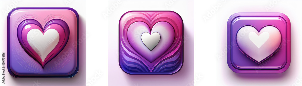 Aufkleber Three square buttons feature a gradient of pink and purple, each displaying a white heart with varying levels of detail.  The hearts convey love and affection.