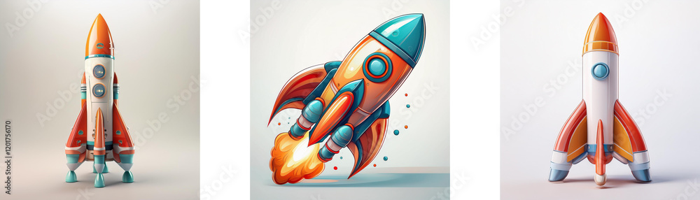 Poster three stylized rockets, varying in pose and color, poised for launch. one is stationary, while other