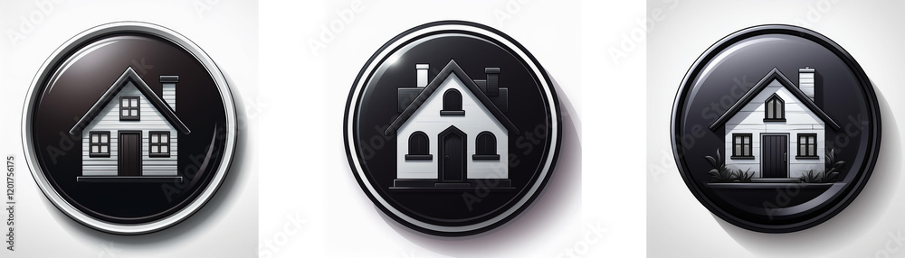 Poster Three glossy black circular icons feature a grayscale house image.  Each icon shows a slightly different house design.