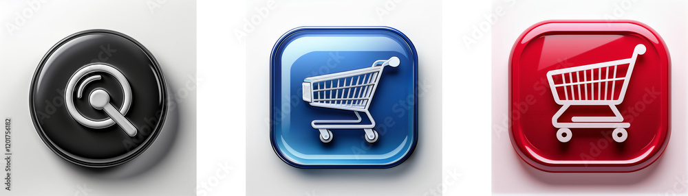 Aufkleber three glossy buttons: one black with a search icon, two others, blue and red, each displaying a shop