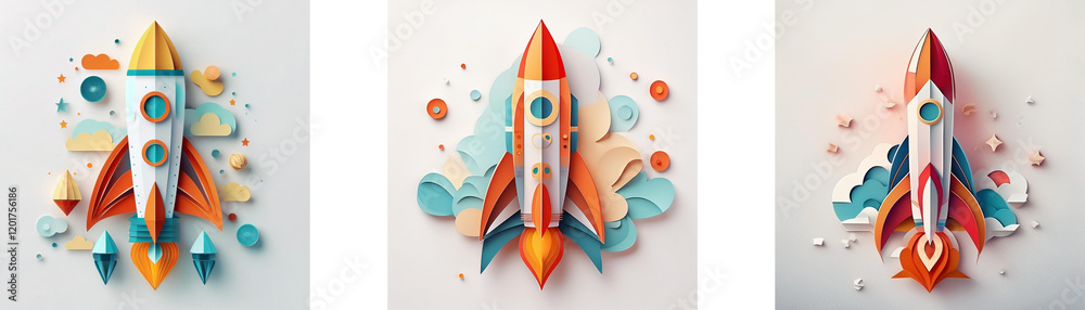 Poster Three vibrant paper rockets, each with unique color schemes, soar amidst abstract clouds and geometric shapes.  A playful, creative depiction of launching into the unknown.