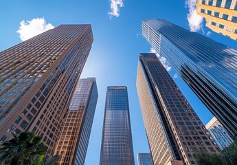 Obraz premium skyscrapers in a downtown, with a blue sky and a wide-angle lens perspective from a low-angle viewpoint.