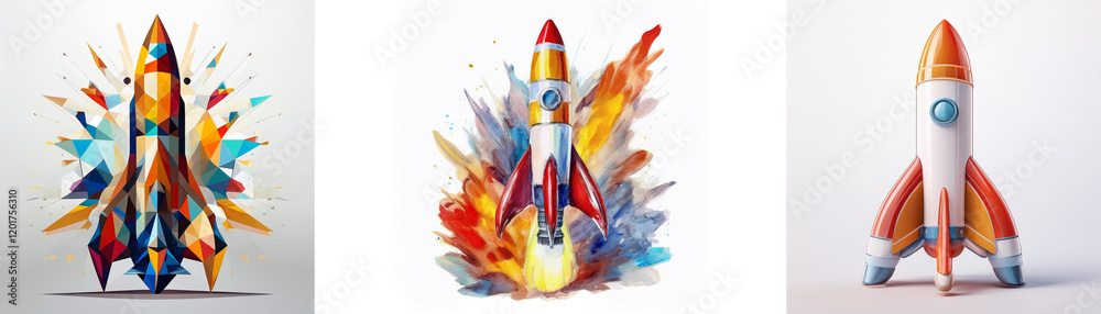 Poster three vibrant rockets, each depicted with unique artistic styles, symbolize launch, innovation, and 