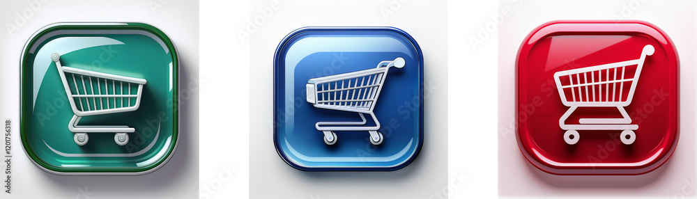Leinwandbilder Three glossy square buttons display a shopping cart icon in green, blue, and red.  Each button showcases a simplistic cart design.