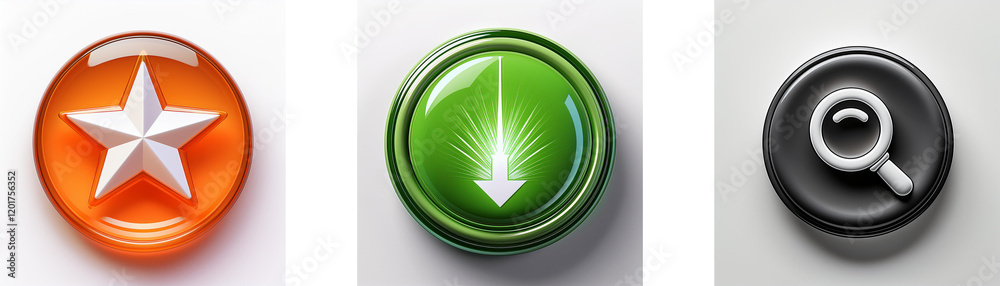 Poster Three glossy circular buttons display a star, a downward arrow, and a magnifying glass.  Each button features a contrasting symbol on a vibrant background.