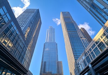 Fototapeta premium skyscrapers in a downtown, with a blue sky and a wide-angle lens perspective from a low-angle viewpoint.