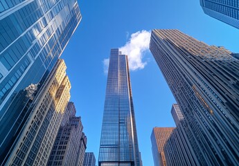 Obraz premium skyscrapers in a downtown, with a blue sky and a wide-angle lens perspective from a low-angle viewpoint.