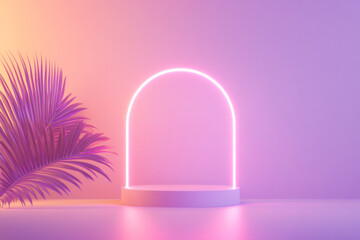 Colorful and Vibrant Background Features Neon Arch With Tropical Plant Accents for Creative Displays