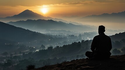 Silhouette of a devout man pray to the Allah on hill