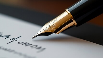 Elegant fountain pen signing document; close-up