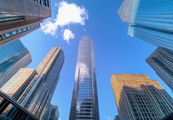 Obraz premium skyscrapers in a downtown, with a blue sky and a wide-angle lens perspective from a low-angle viewpoint.