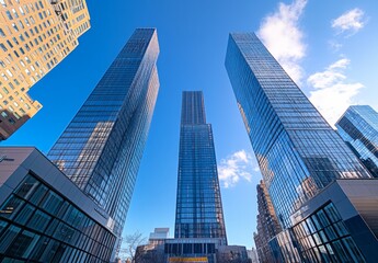 Obraz premium skyscrapers in a downtown, with a blue sky and a wide-angle lens perspective from a low-angle viewpoint.