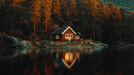 Fototapeta premium Secluded cabin reflected in calm lake at sunset.