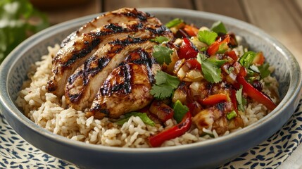 Image of jasmine rice with grilled chicken and vegetables on a patterned ceramic plate, highlighting savory and aromatic elements. Perfect for casual dining and recipe sharing.