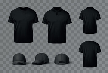 Realistic black t-shirt and black baseball caps mock up. No sleeve shirt template for designs.