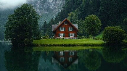 Obraz premium Red house by lake, reflecting in calm water, mountain backdrop.