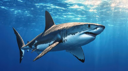 Fototapeta premium Majestic shark swimming in crystal clear ocean waters underwater wildlife photography marine environment close-up perspective