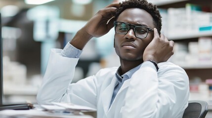 Obraz premium Tired and discouraged male pharmacist sitting in a pharmacy, overwhelmed by stress and fatigue, highlighting the challenges of healthcare work and emotional strain in a medical environment