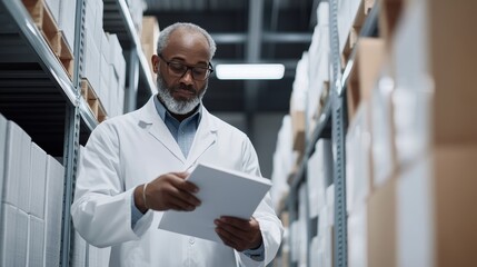 Professional pharmacist organizing and filling prescriptions in a storage room, showcasing pharmaceutical expertise, healthcare service, and medication management in a clinical setting