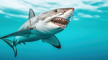 Naklejka premium Underwater encounter with a shark ocean depths marine wildlife vibrant environment close-up view animal behavior