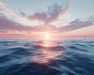 Fototapeta premium Serene ocean sunset with pink clouds reflecting on calm waves.