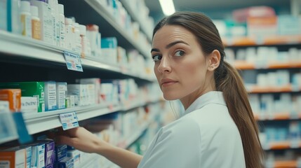 Young female chemist arranging medicines on a shelf in a pharmacy. Pharmacist working in a medical store, organizing medications and ensuring proper stock in the pharmaceutical business