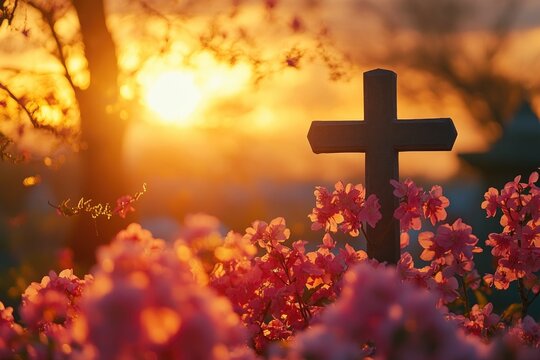 Christian cross standing in blooming flower garden at sunset