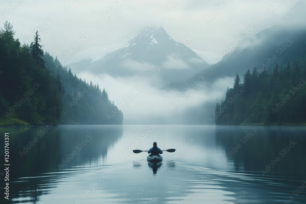 Wall mural Kayaker exploring tranquil misty lake in mountain valley