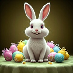 A cute Easter bunny surrounded by colorful painted eggs is perfect for holiday designs, spring themes or pre-holiday marketing visualizations.