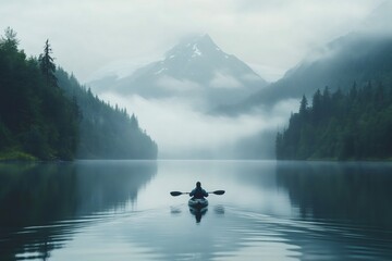 Fototapeta premium Kayaker exploring tranquil misty lake in mountain valley