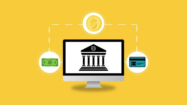 Centralized Digital Banking, Desktop Interface Connecting Cash, Coins, and Credit Cards on a Dynamic Yellow Background