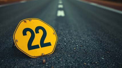 A weathered yellow sign with the number twenty-two lying on a grey asphalt road with a white line in the distance