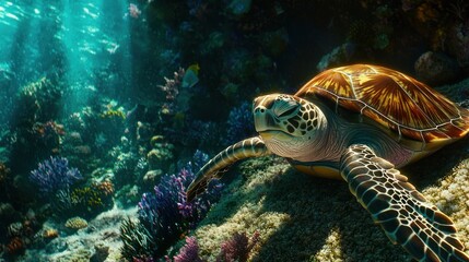 Obraz premium Sea turtle resting on vibrant coral reef in sunlight.