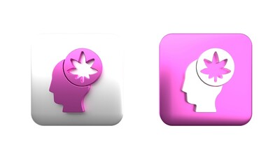 Colorful Male head in profile with marijuana or cannabis leaf icon isolated on white background. Marijuana legalization. Hemp symbol. Square button. 3D render illustration