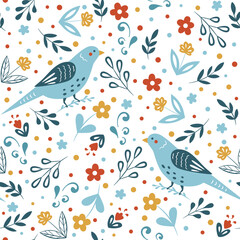 Сute birds with patterns, flowers and other elements on a white background. Birds seamless pattern