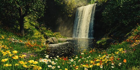 Fototapeta premium A tranquil nature scene with a serene waterfall, lush greenery, and colorful wildflowers.