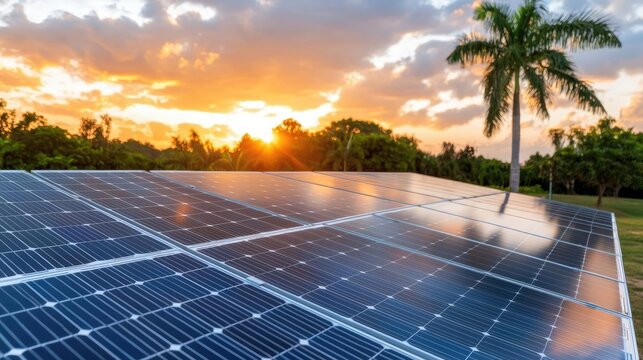 Tropical sunset over solar panels, clean energy