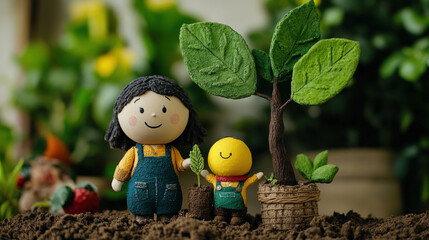 Relationship Claymation style, A claymation couple joyfully planting a tree together, representing love, teamwork, and environmental stewardship in a vivid artistic style.