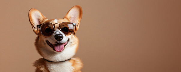 Funny and cute corgi dog in sunglasses on brown or mocha mousse background. Banner template for backdrops, wallpapers and advertising of veterinary products, funny concepts with space for text. Trendy