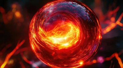 A futuristic digital interface featuring a glowing spherical object at the center,