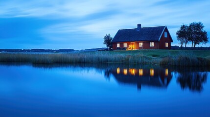 Fototapeta premium Lakeside cottage at twilight, lights on, reflecting in calm water.
