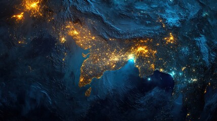Night view of Earth's illuminated landmasses, showcasing city lights and geographical features.