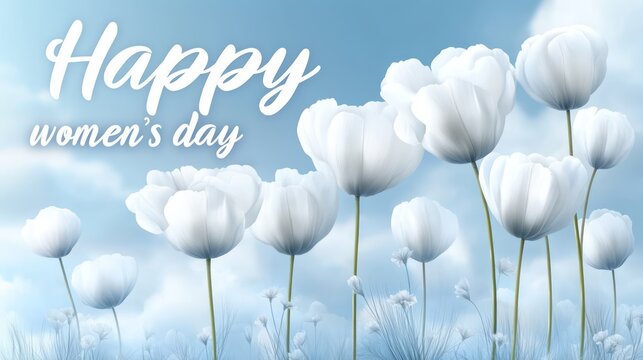 Animated floral lettering "Happy women's day". solidarity message adorned with white flowers and blue sky. Flower meadow delicate tulips. Spring themed dreamy feminist poster.