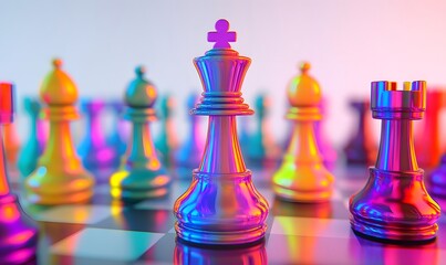 Colorful chess pieces on a board, king in focus.
