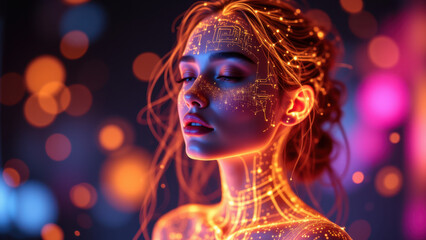 A woman with glowing AI-like features as an illustration of an AI girlfriend concept.