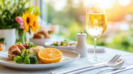 Elegant restaurant meal, white wine, sunny garden view