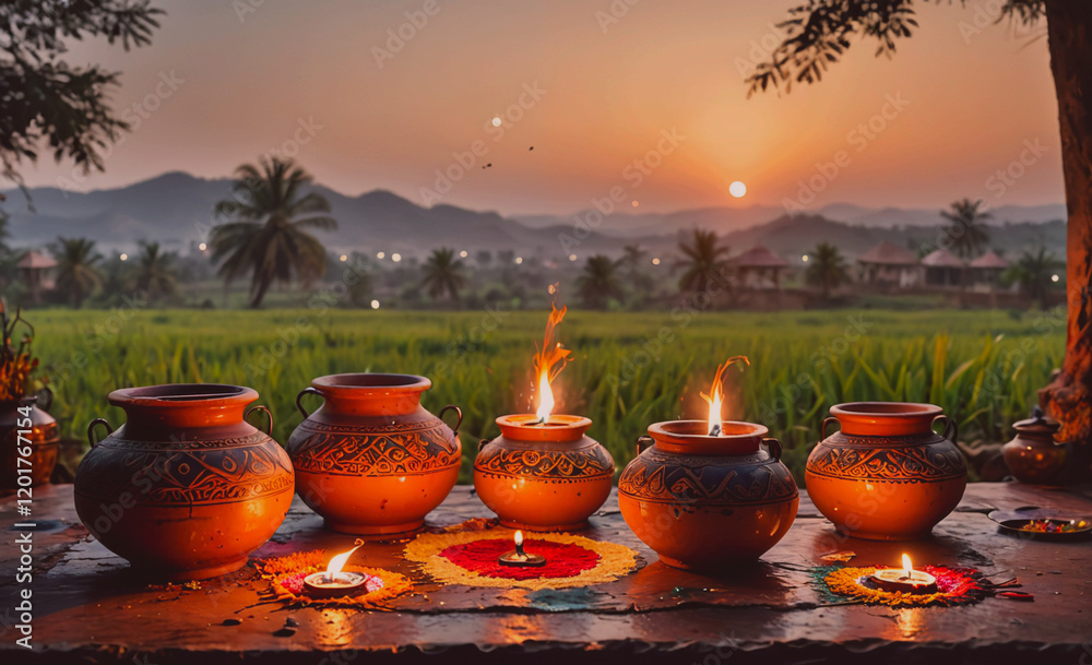 Aufkleber A group of five clay pots with candles inside them are arranged on a table. The candles are lit and the pots are placed in a row. The scene has a warm and inviting atmosphere, with the candles