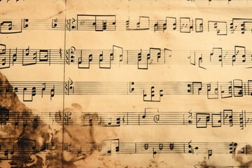 Close up of aged sheet music, displaying musical notes and symbols on vintage paper, evoking a...