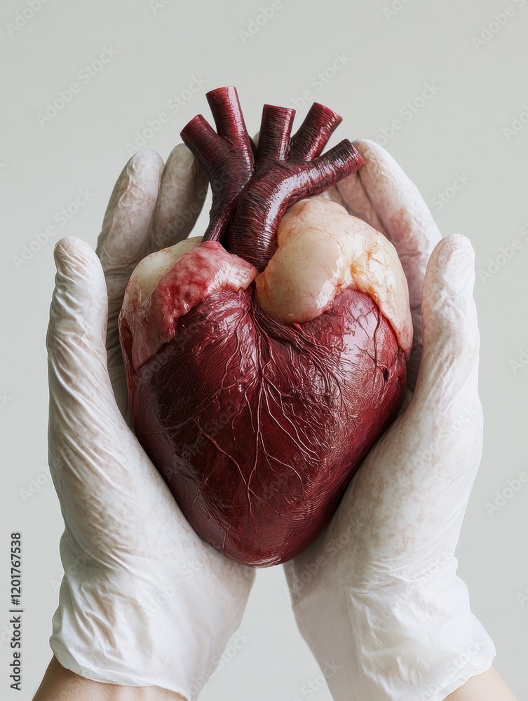 Aufkleber realistic anatomical heart held gently in gloved hands, showcasing intricate details and textures in