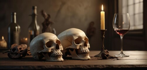 Obraz premium An unlit candle and a glass of wine sit beside a skull on a dusty table, wine, skull